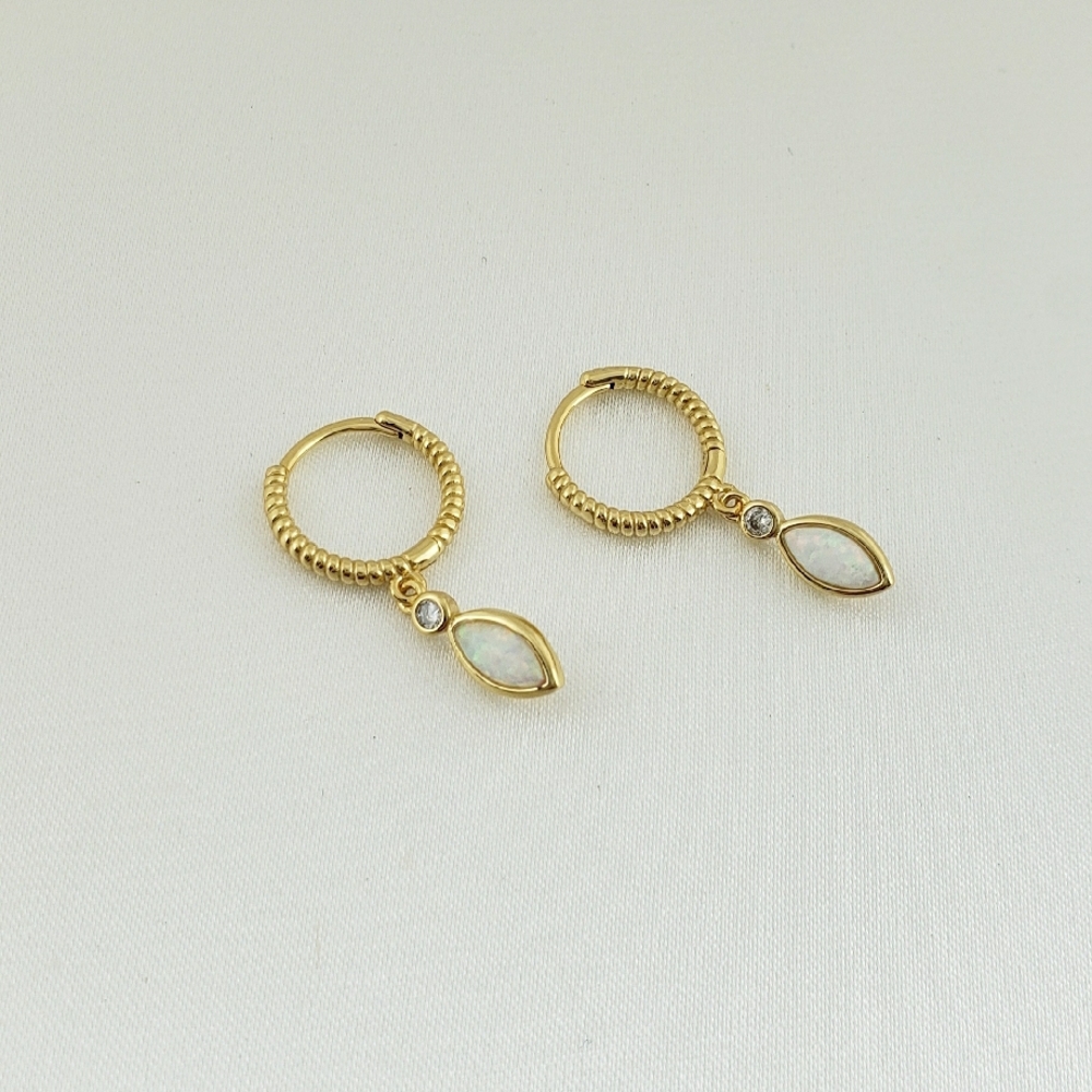 14K Gold White Opal Dangle Drop Huggie Hoop Earrings